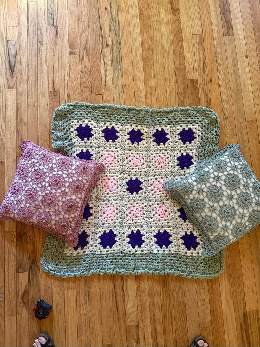 Vintage Granny Core Handmade Afghan with Two Matching Throw Pillows